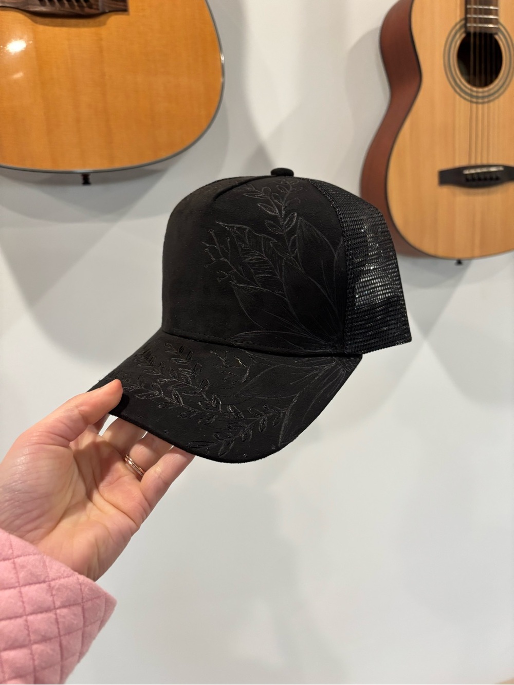 Black Floral Hand Burned Mesh Trucker Hat